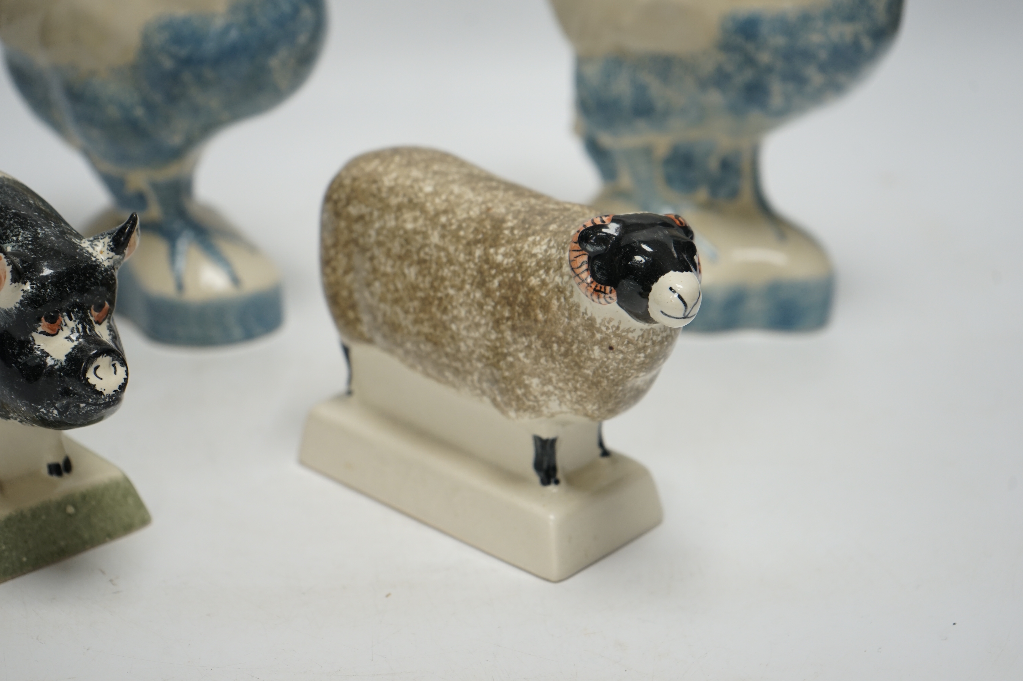 Four pieces of Rye Pottery to include a sow, ram, chicken and cockerel, 22cm